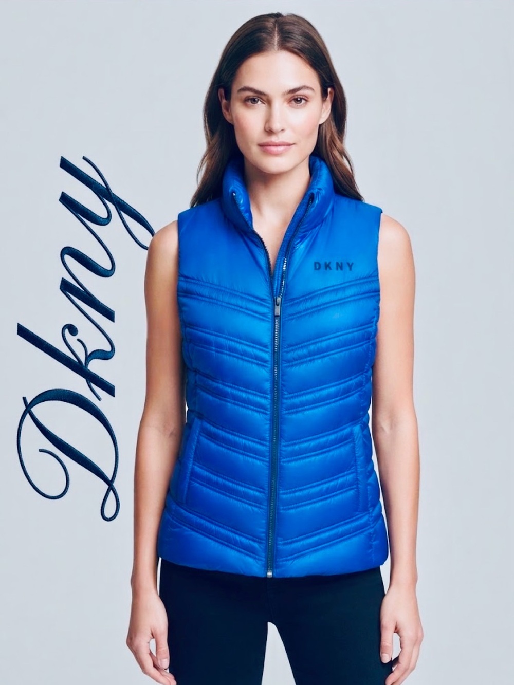 DKNY Sport Royal Blue Quilted Puffer Vest Full Zip Activewear Size L